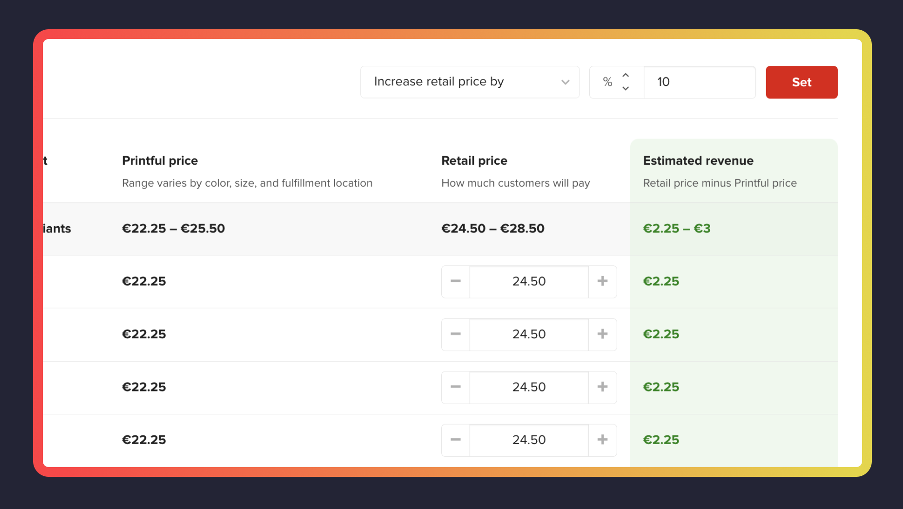 Screenshot of table with different WooCommerce products variants, prices, etc.