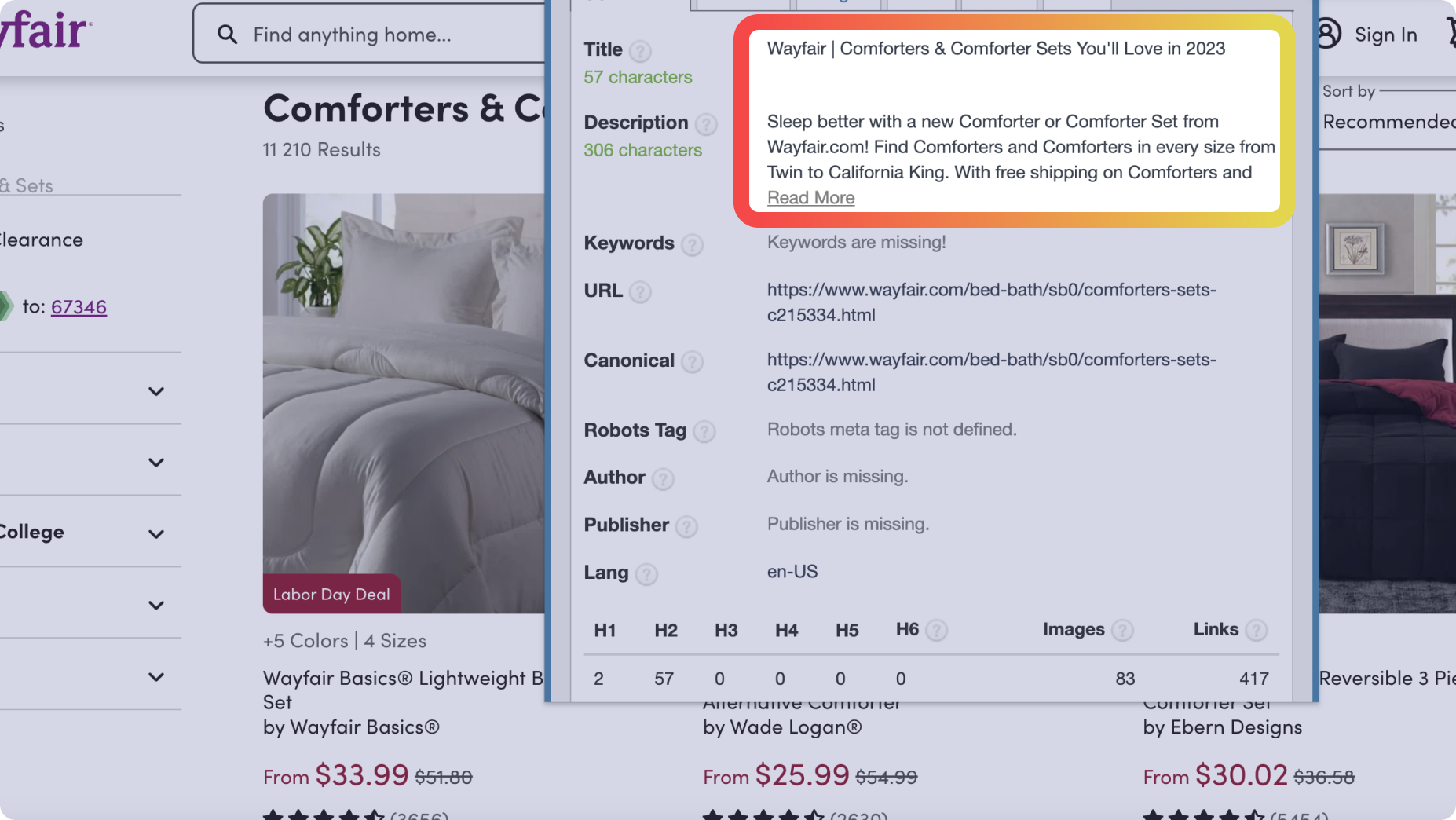 Screenshot of eCommerce store's title, description and other SEO fields