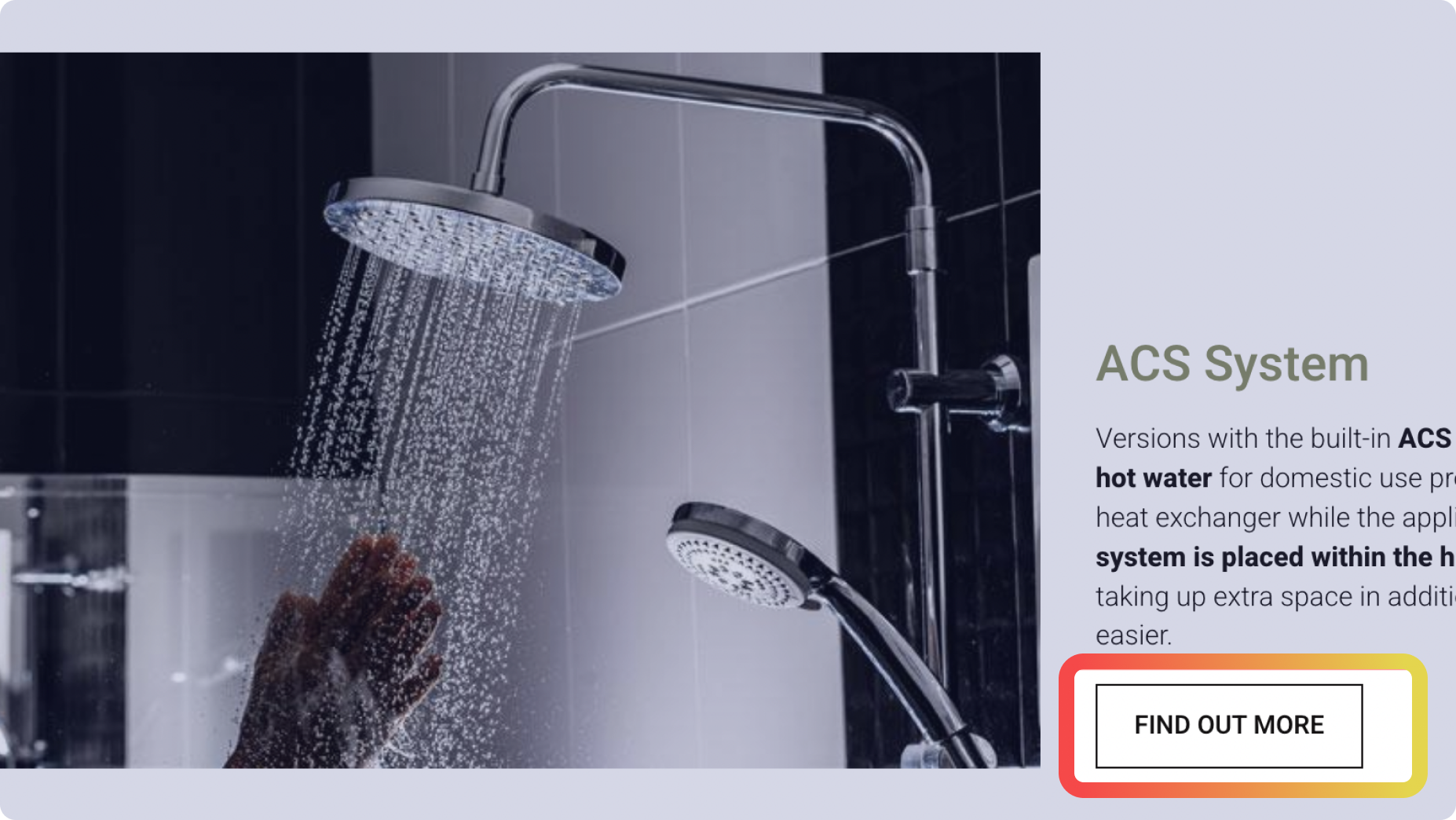 Screenshot of shower, its description, and «Find out more» button if you want to know more