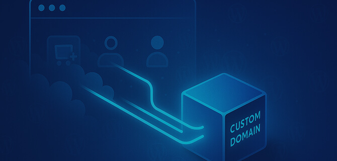 3D illustration: data streams flow from a WordPress browser window into a cube labeled “CUSTOM DOMAIN”.
