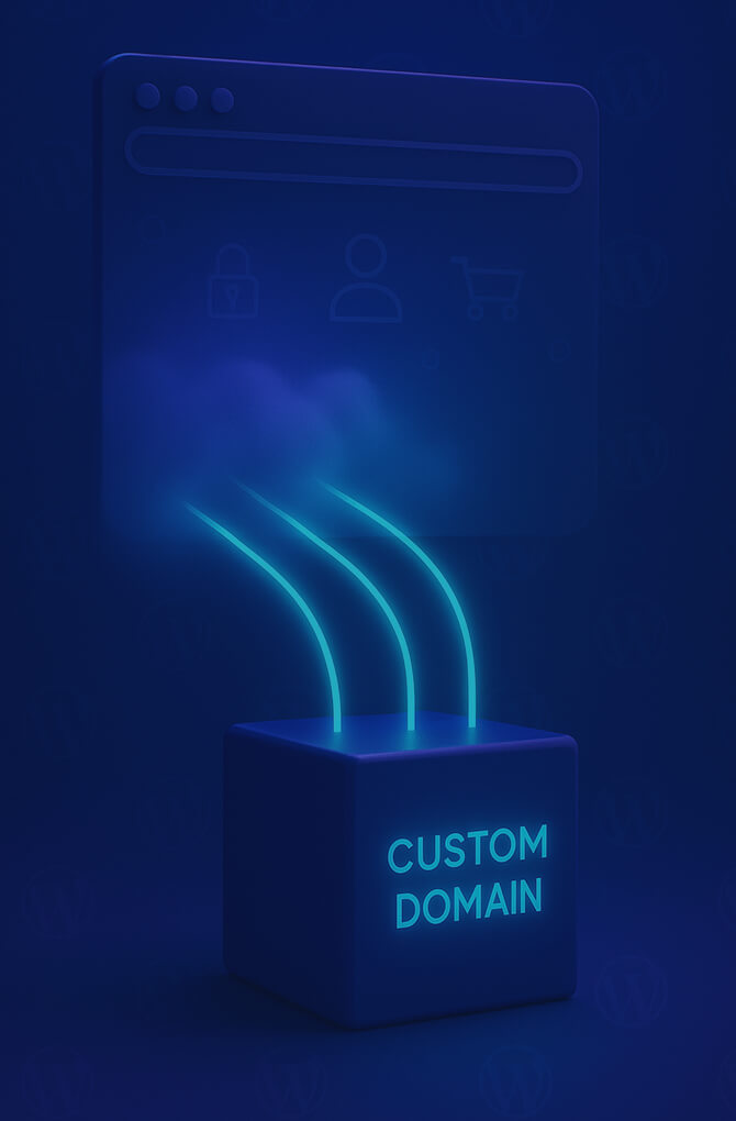 3D illustration of server-side tracking: data from a WordPress browser window flows through a cloud into a cube labeled “CUSTOM DOMAIN”.